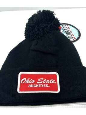 Ohio State Buckeyes Black Pom Beanie Cuffed Knit Hat Patch NCAA OSU -NEW!